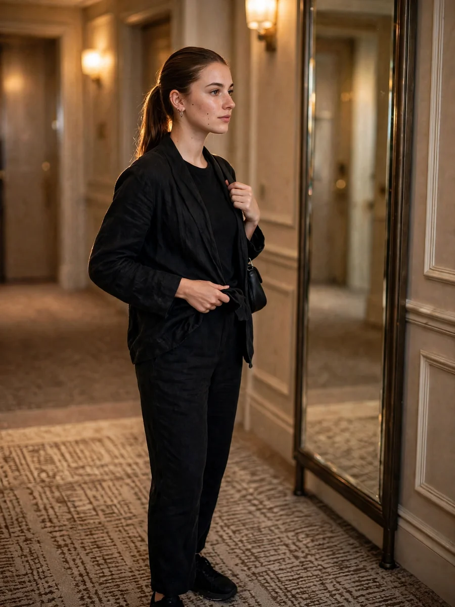 Hotel Hallway Fit Check (mirror vibe, no phone shown) — ChatGPT Prompt