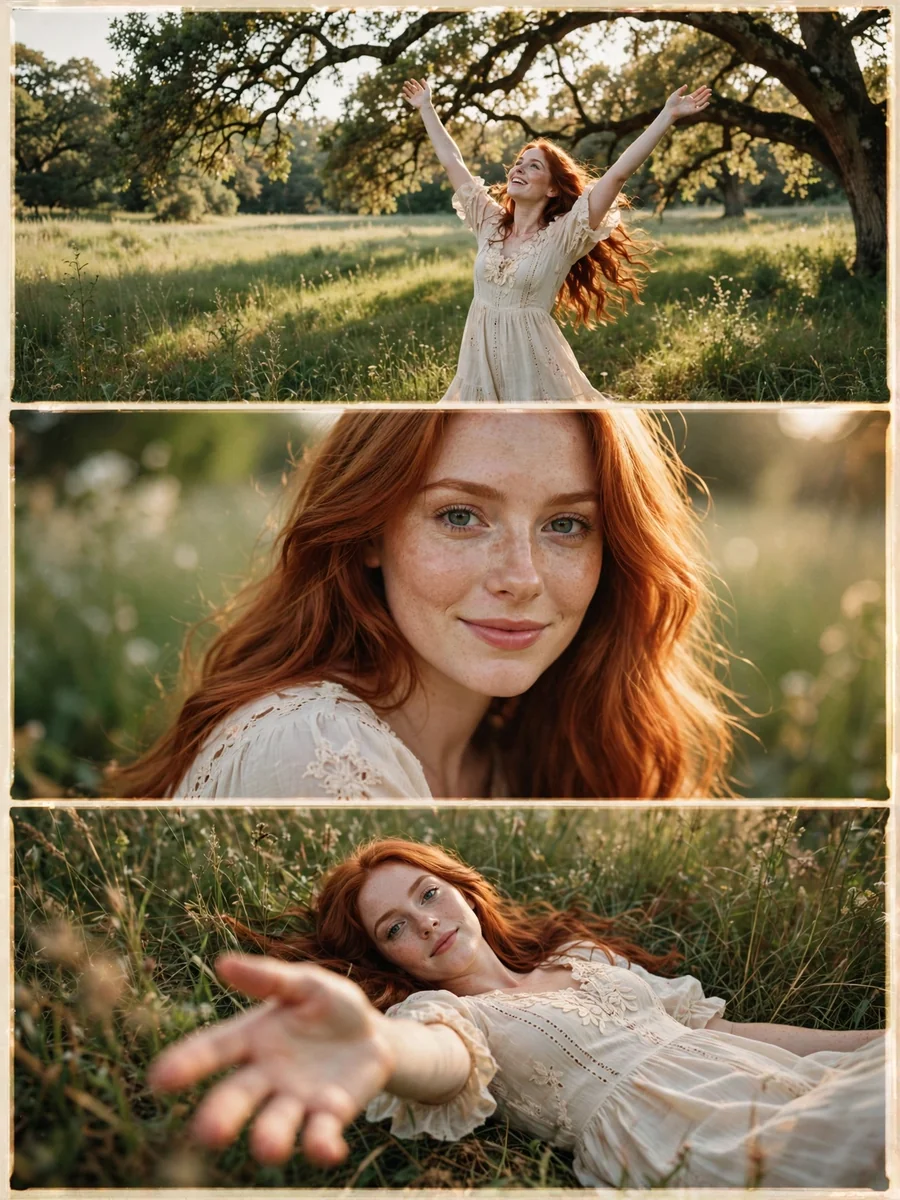 Cinematic Photography Triptych: Serene Meadow Portrait — ChatGPT Prompt