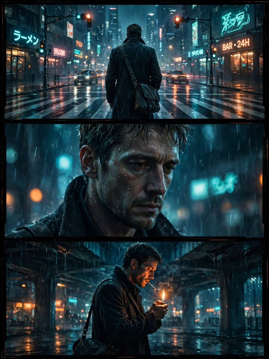 Act as a Cinematic Neo-Noir Triptych in Digital Art — ChatGPT Prompt