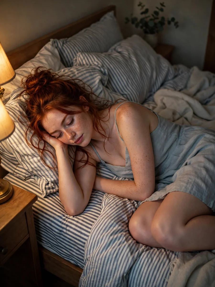 A relaxed copper-haired woman resting sideways on a bed in a soft, low-light setting. — ChatGPT Prompt