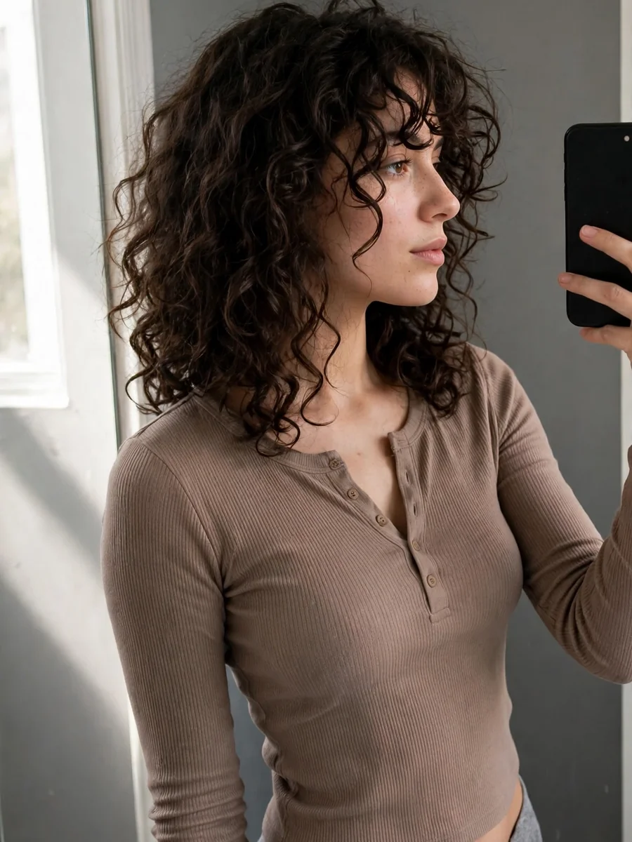 Aesthetic Mirror Selfie of a Curly-Haired Woman in a Mocha Ribbed Crop Top — ChatGPT Prompt