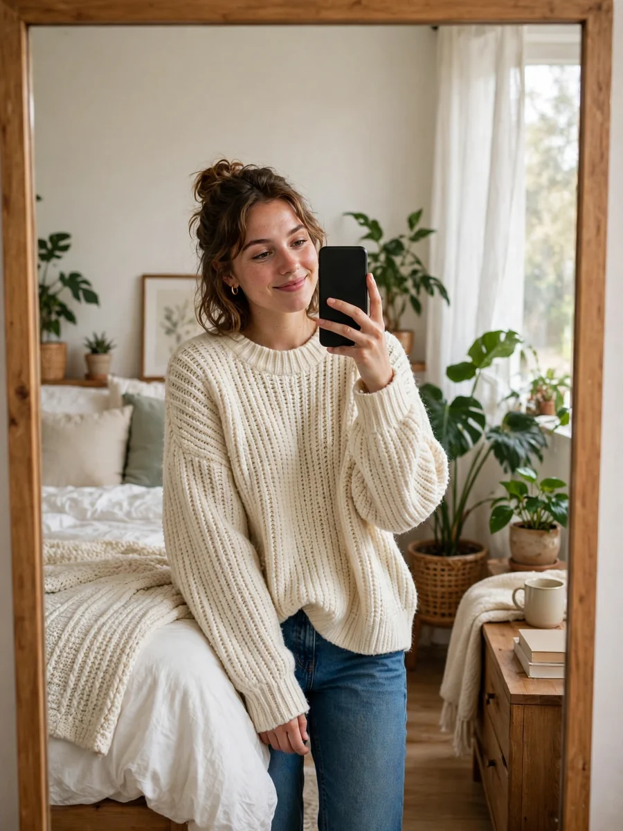 Detailed Image Analysis of a Mirror Selfie in a Bedroom Environment — ChatGPT Prompt
