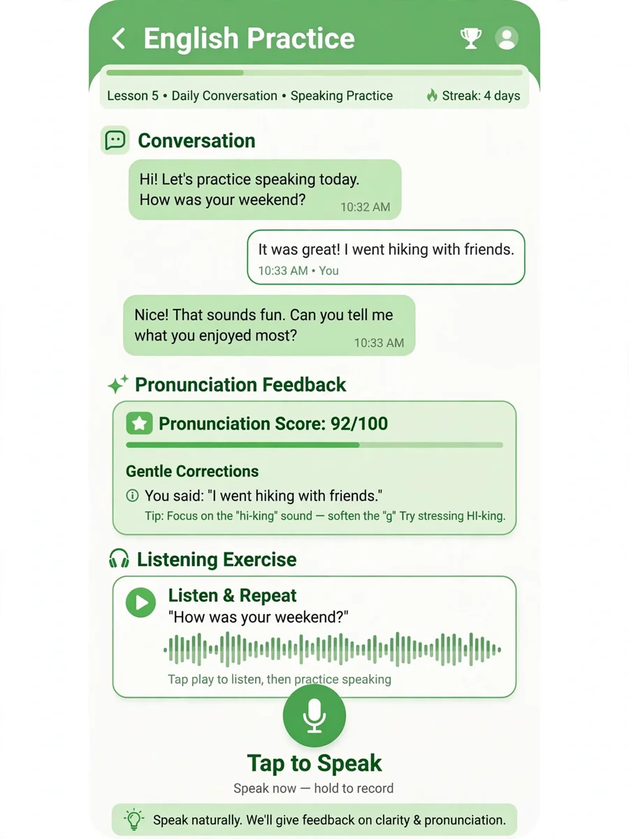 Act as an English Practice App Guide — ChatGPT Prompt