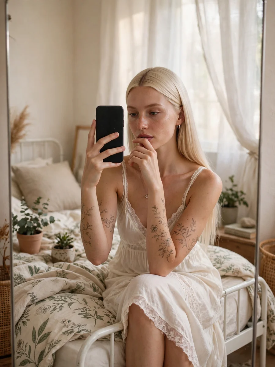 Act as a Serene Mirror-Selfie Portrait in Sunlit Bedroom — ChatGPT Prompt