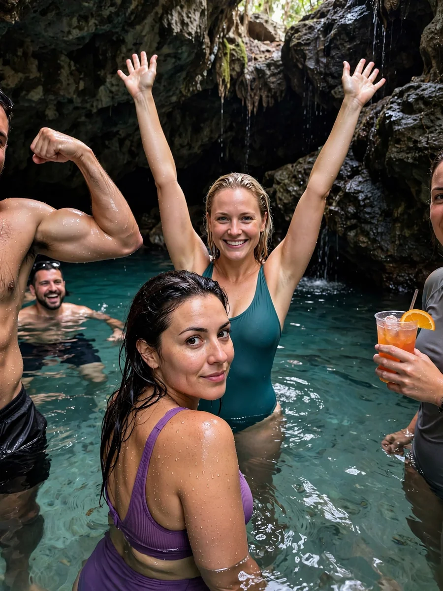 Candid Outdoor Group Photo in Natural Pool — ChatGPT Prompt