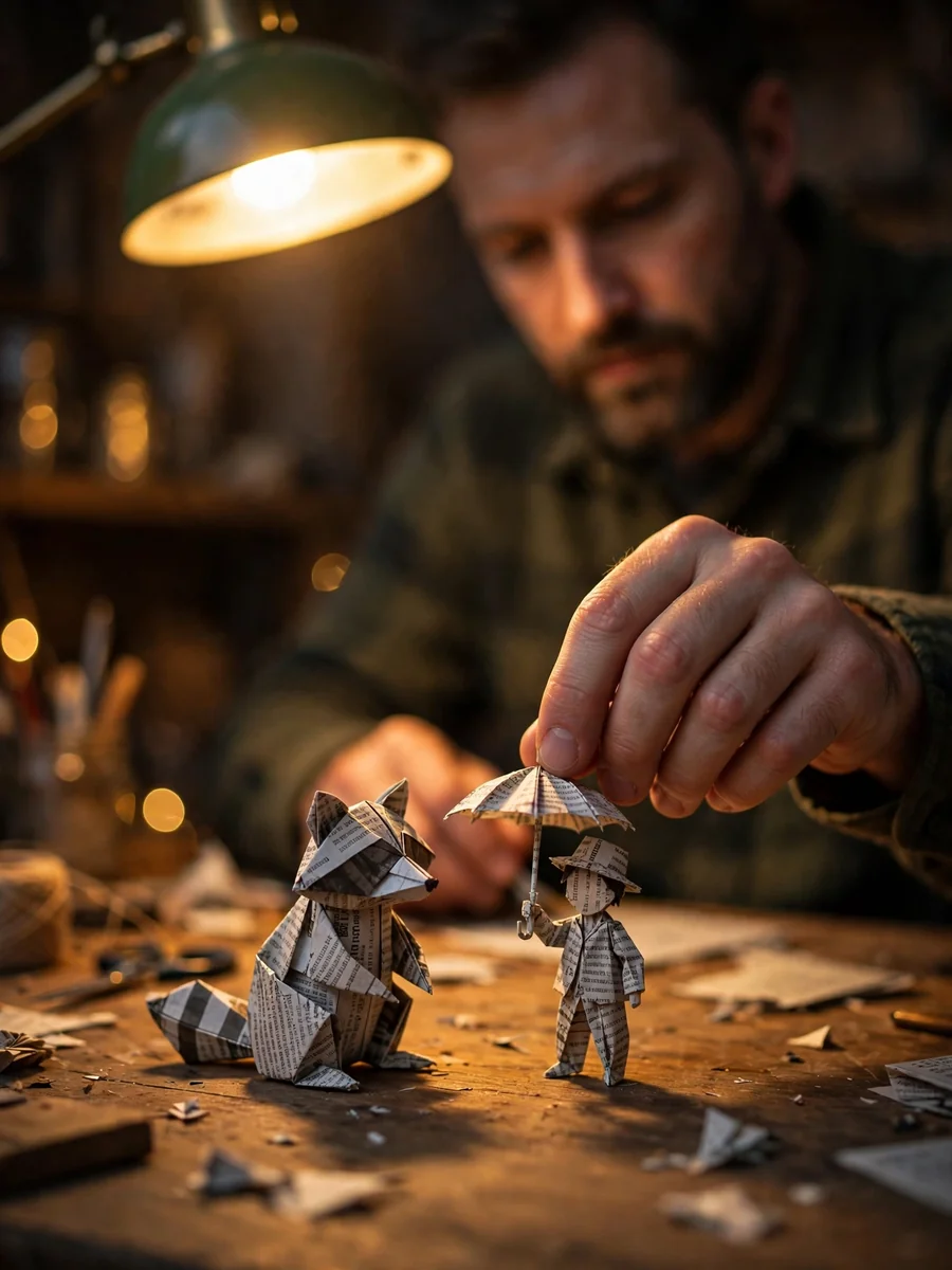 Cinematic Close-Up of Craftsman with Paper Figures — ChatGPT Prompt