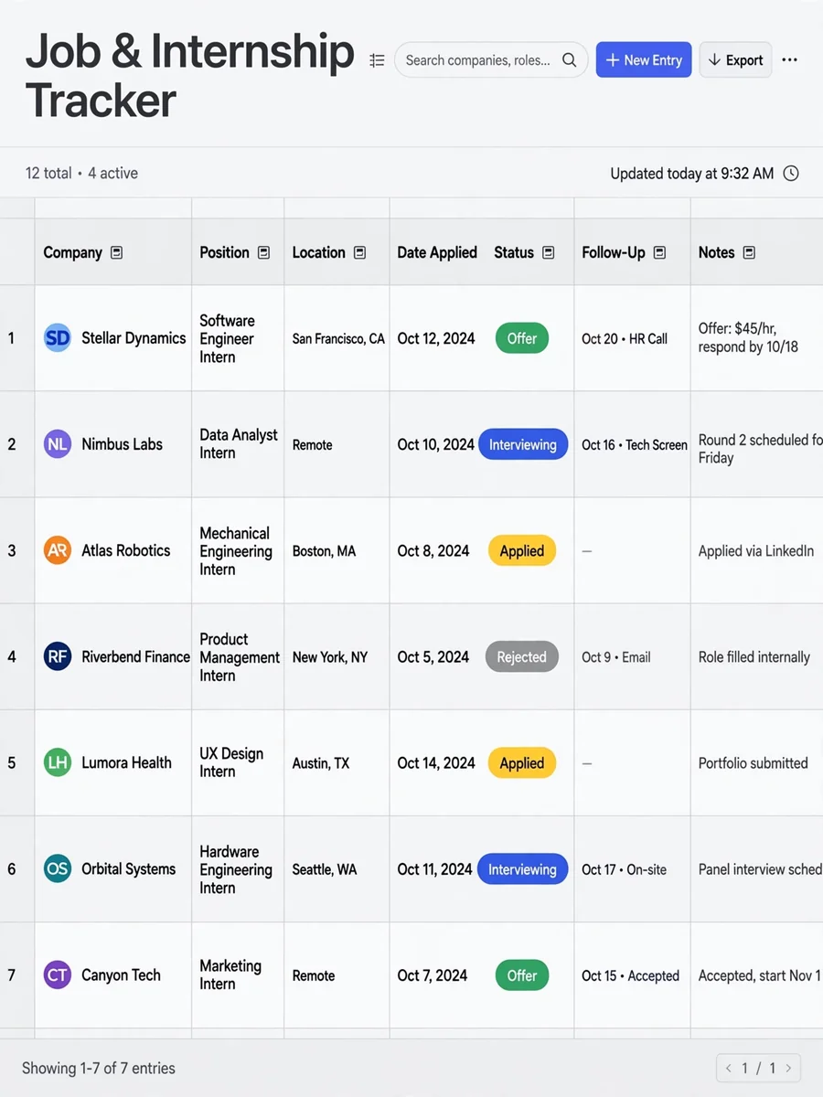 Job and Internship Tracker for Google Sheets — ChatGPT Prompt