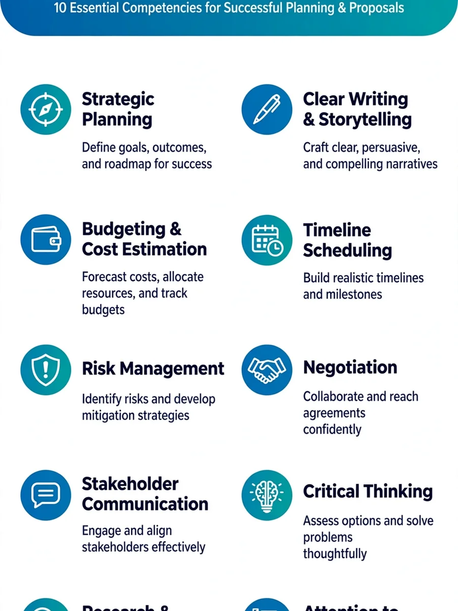 identify the key skills needed for effective project planning and proposal writing — ChatGPT Prompt