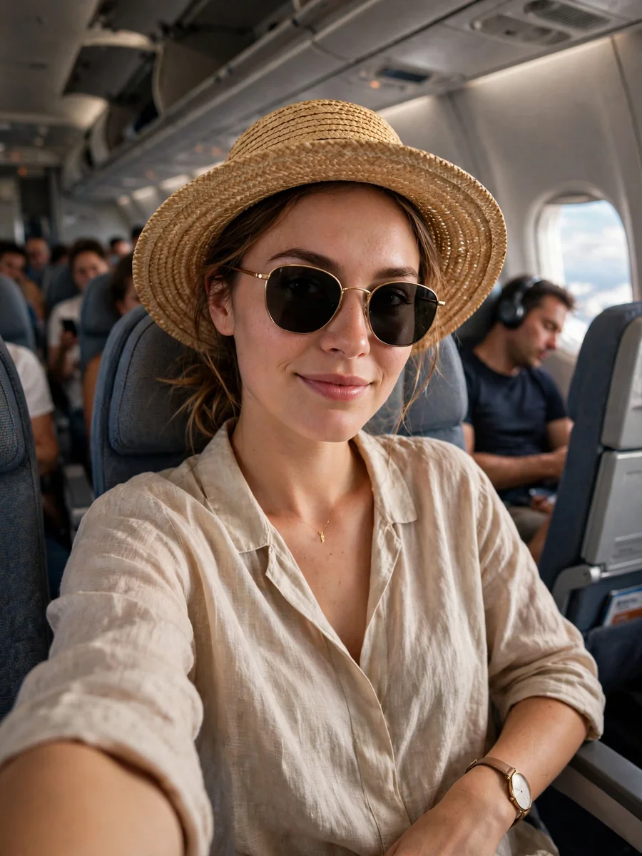 In-Flight Vacation Selfie — Natural Front Camera Perspective — ChatGPT Prompt