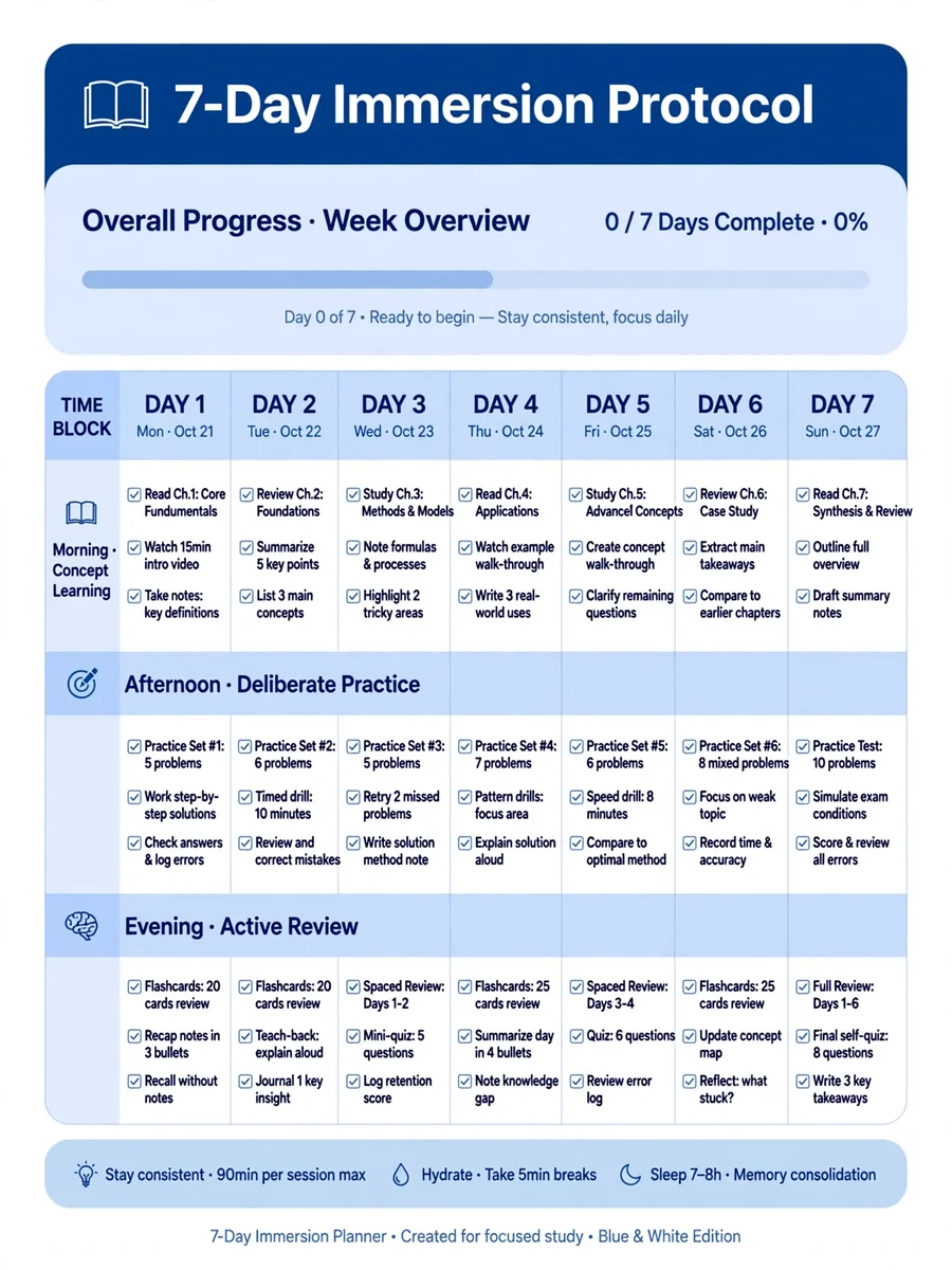 Act as a Deep Immersion Study Plan (7 Days) — ChatGPT Prompt