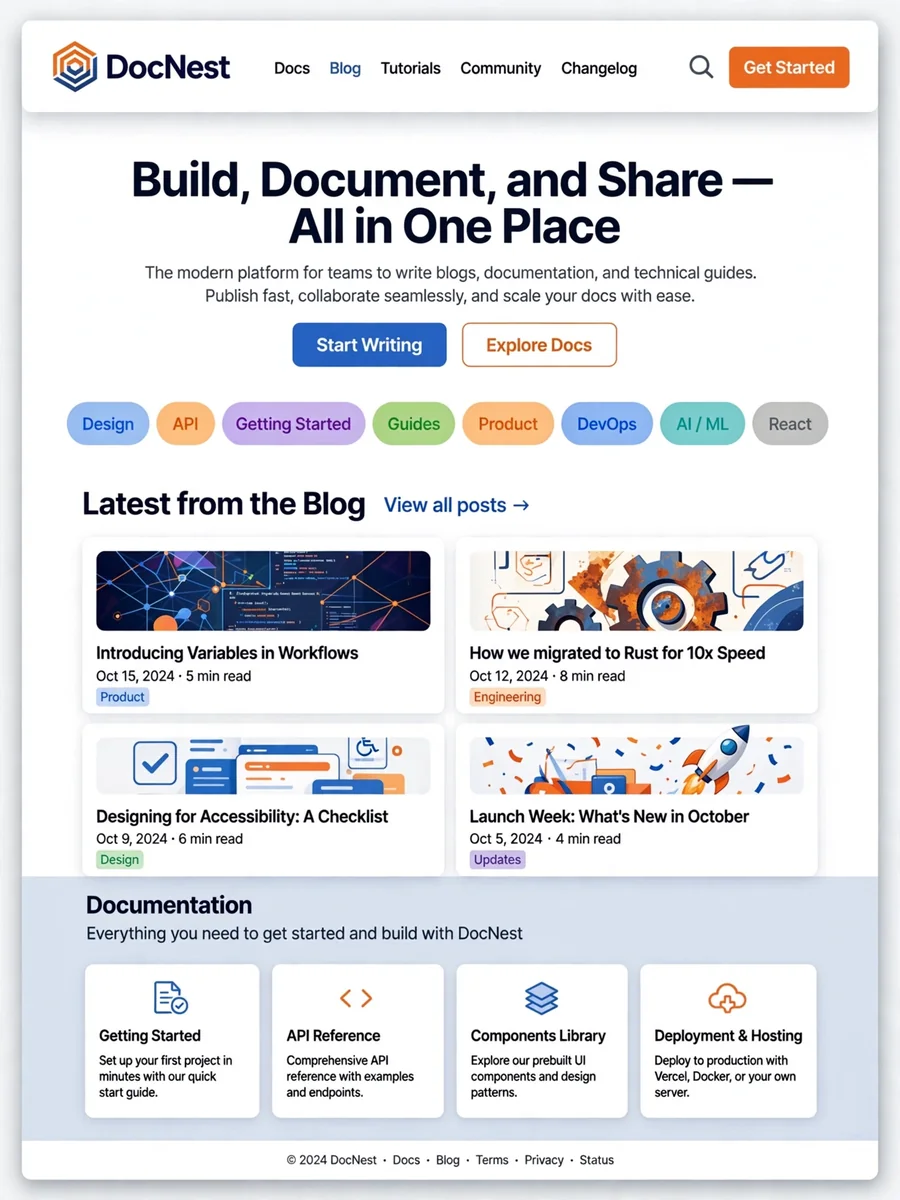 change home page desgin for blog and documentation platorm — ChatGPT Prompt