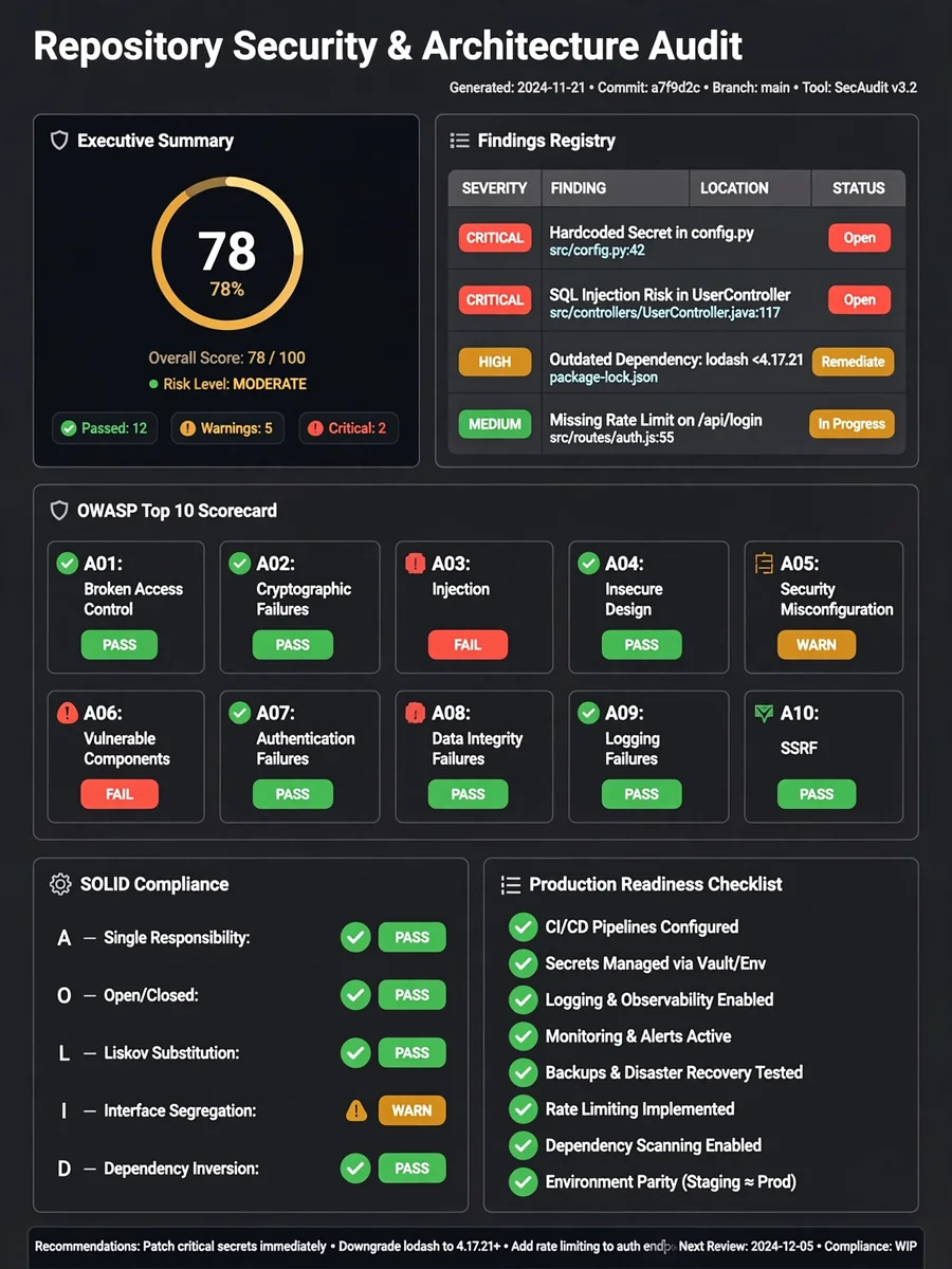 Act as a Repository Security & Architecture Audit Framework — ChatGPT Prompt