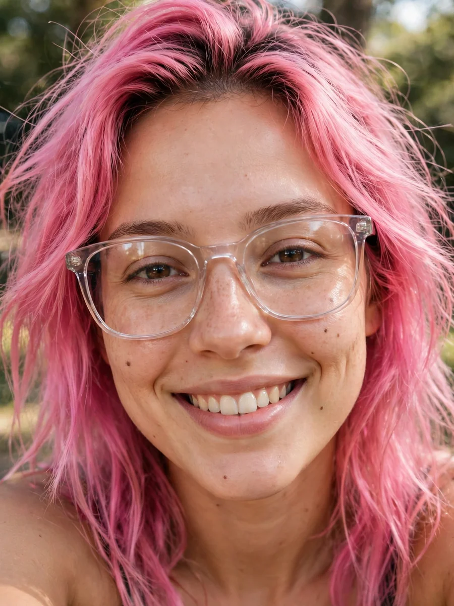 Realistic Selfie of Girl with Transparent Glasses and Pink Hair — ChatGPT Prompt