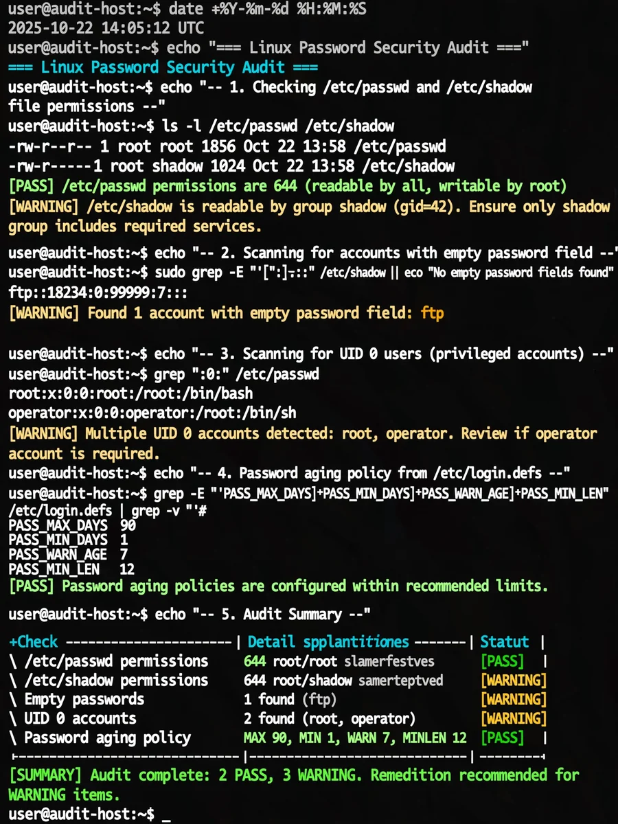 create prompt for audit purpose on password configuartion file for linux — ChatGPT Prompt