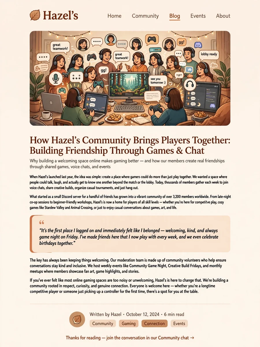 Create Content from Discord Blog for Hazel's Website — ChatGPT Prompt