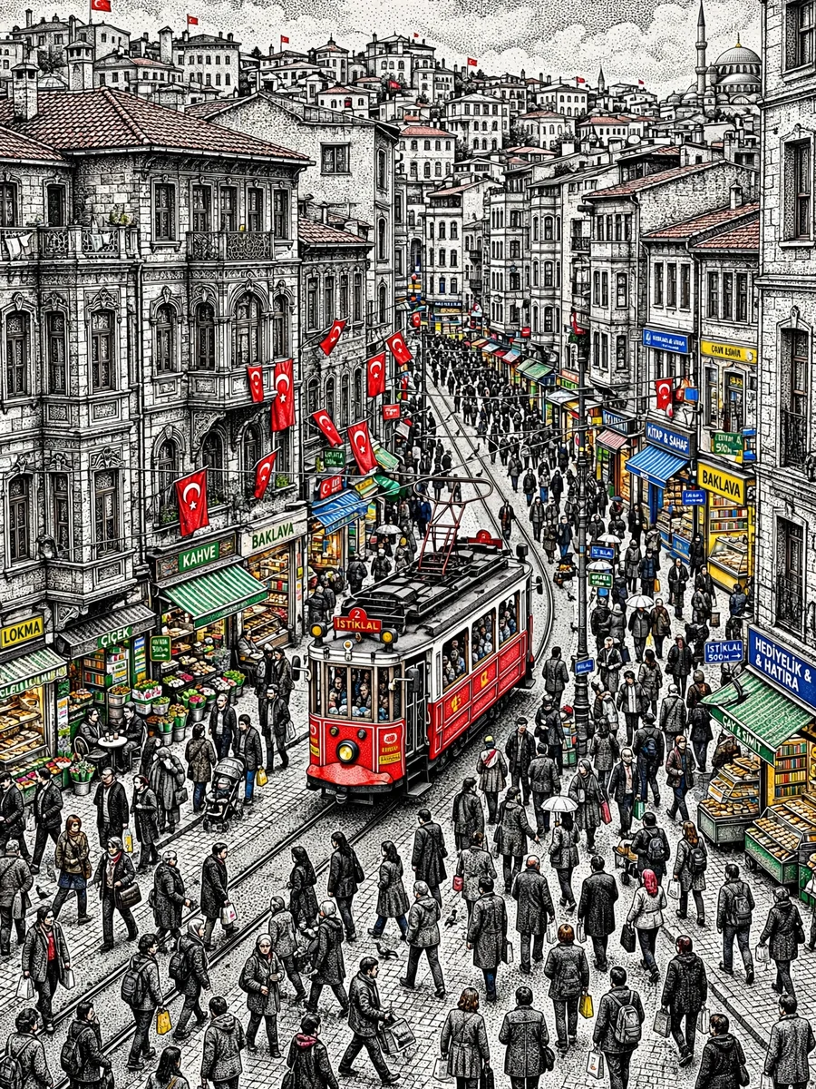 Intricate Stippling Illustration of Istanbul Street Scene — ChatGPT Prompt