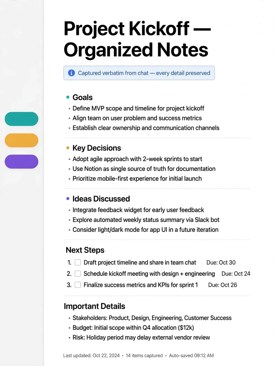 Act as a Verbatim Chat to Organized Notes — ChatGPT Prompt