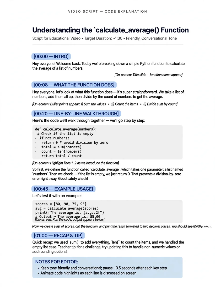 Act as a Casual Code Explanation Video Script — ChatGPT Prompt
