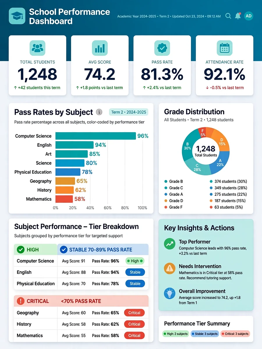 Act as a Subject-Wise School Performance Dashboard Generator — ChatGPT Prompt