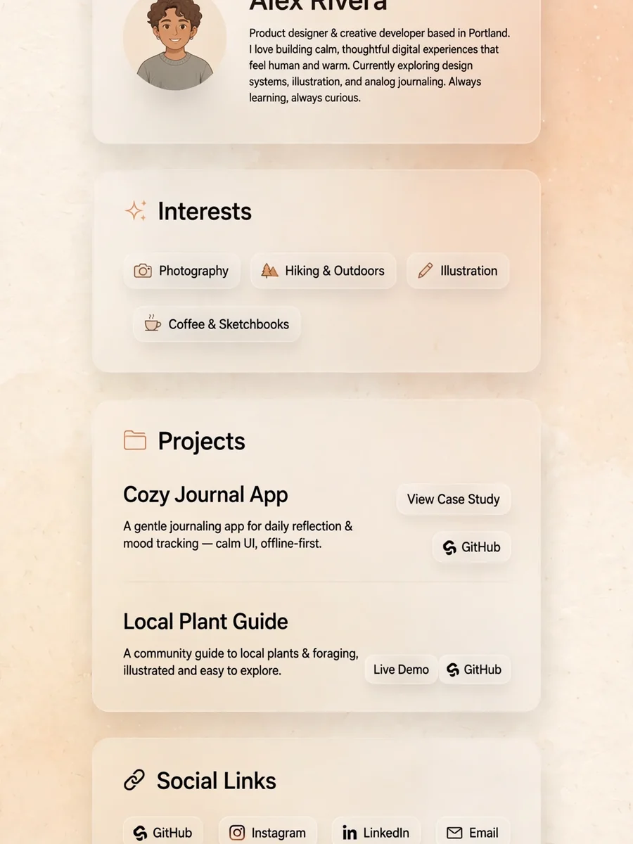 Act as a Designing a Glassmorphic About Me Page — ChatGPT Prompt