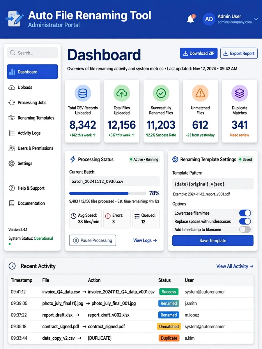 Administrator Portal for Auto File Renaming Tool — ChatGPT Prompt