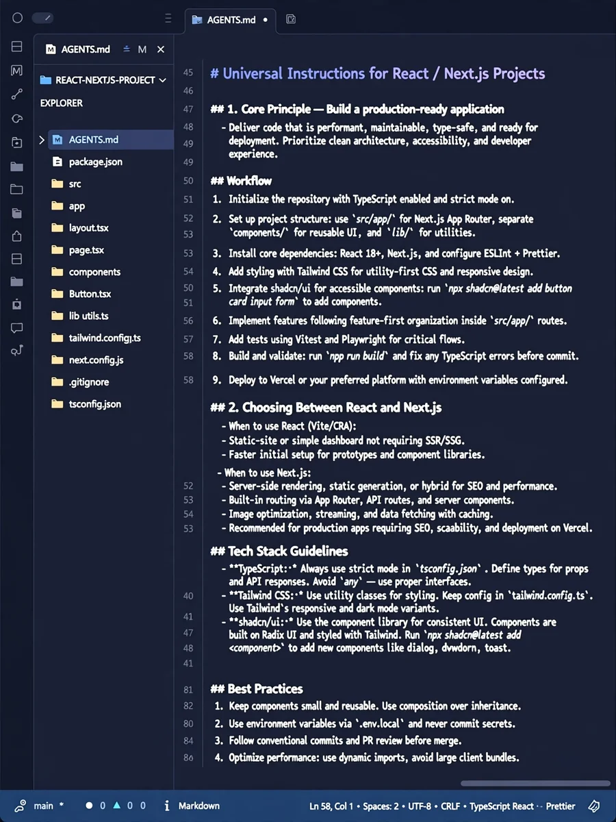 Universal Instructions for React / Next.js Projects — ChatGPT Prompt