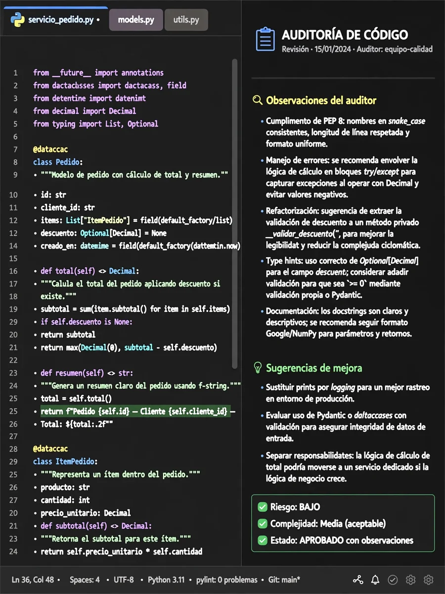 Act as a Senior Python Code Auditor (Spanish Output) — ChatGPT Prompt
