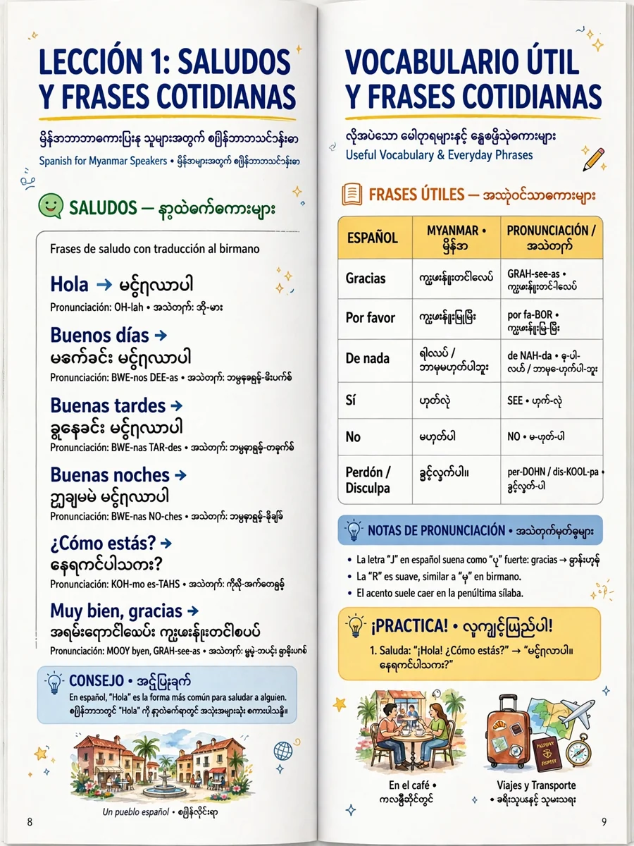 Give me text book to learn Spanish with Myanmar language — ChatGPT Prompt