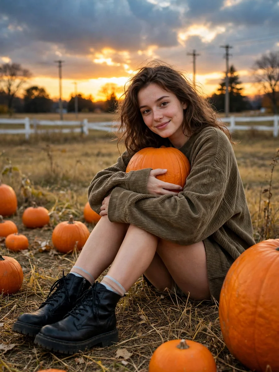 Act as a Cozy Autumn Pumpkin Patch Portrait — ChatGPT Prompt
