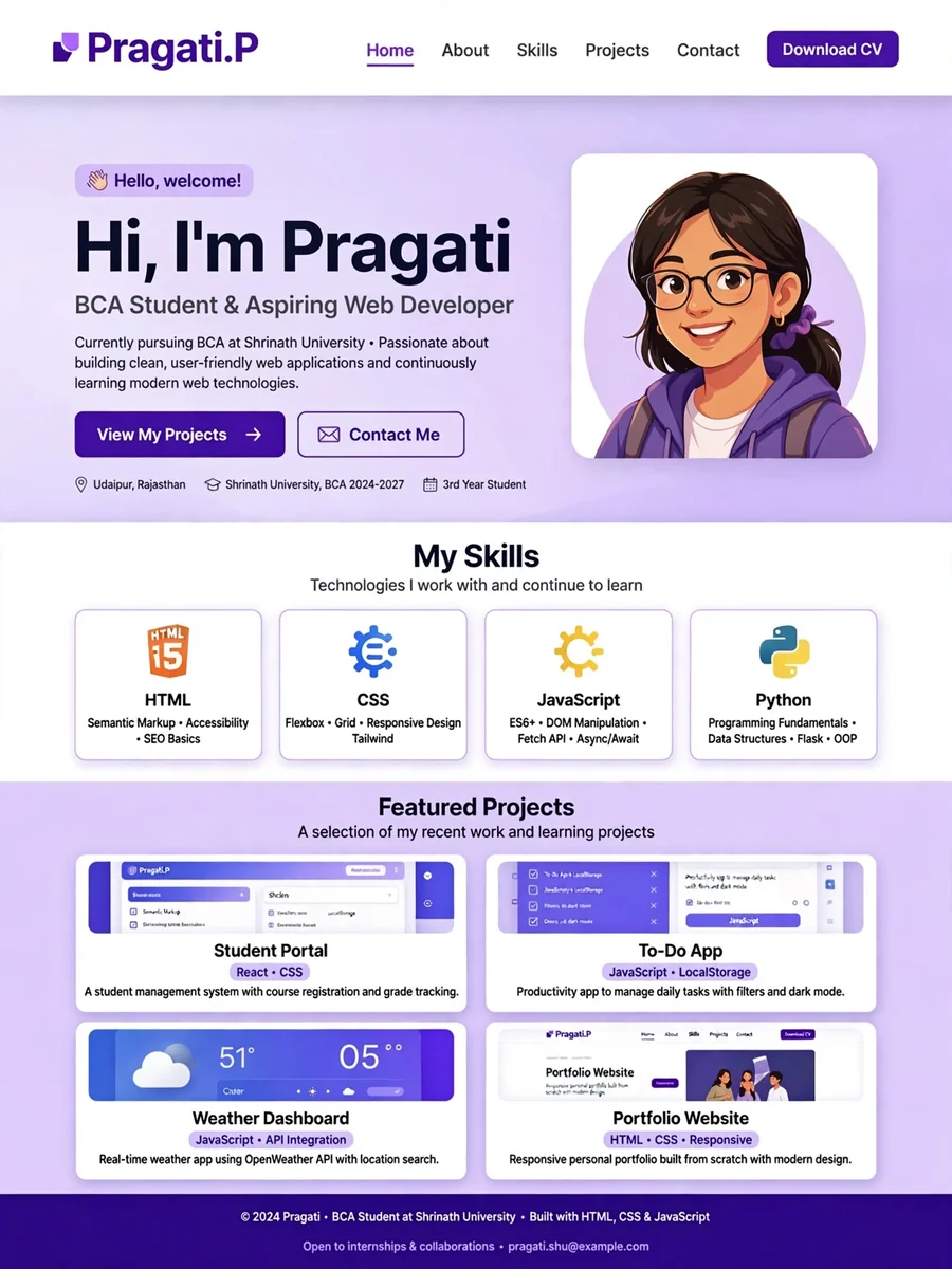 I am pragati a bca student from shrinath university make a portfolio website video creation for me — ChatGPT Prompt