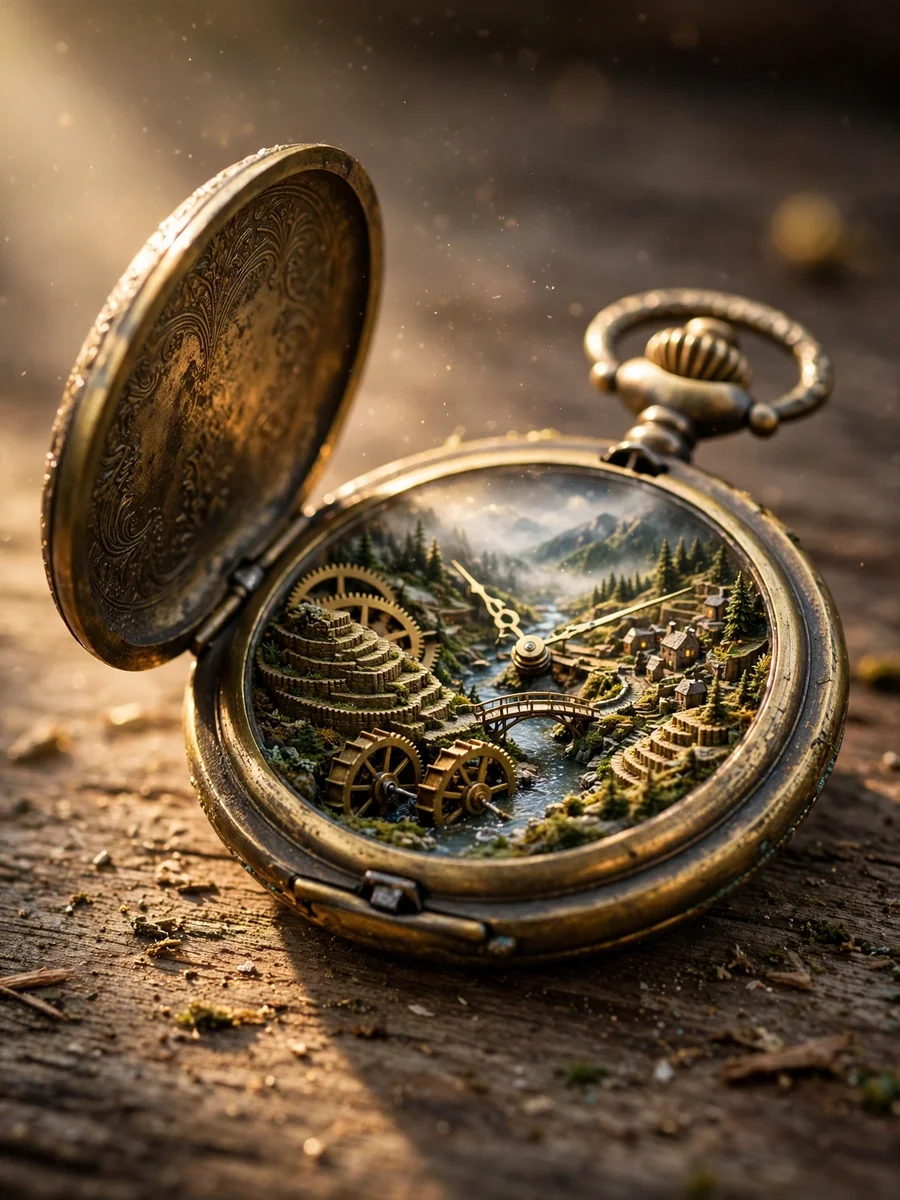 Miniature World Inside a Vintage Pocket Watch — ChatGPT Prompt