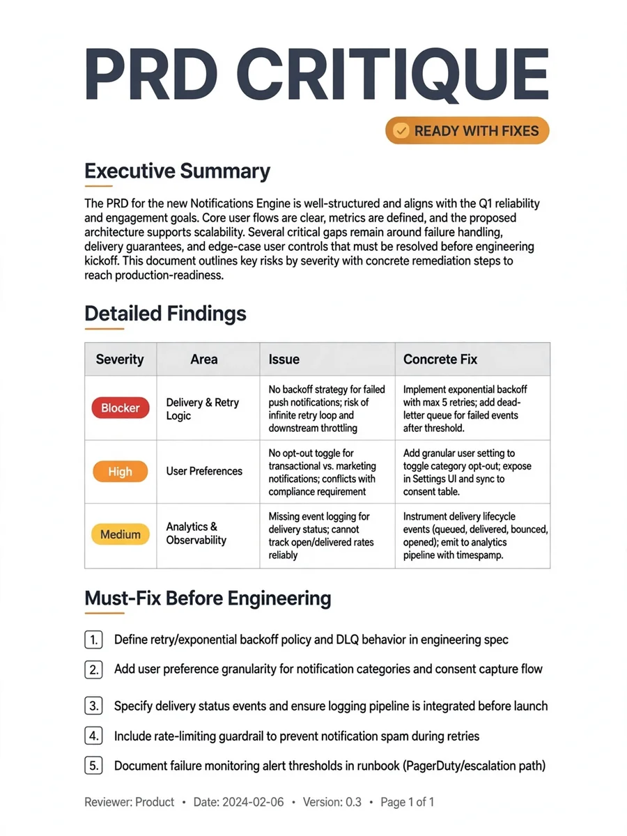 Act as a PRD Critic for Early-Stage Startups — ChatGPT Prompt