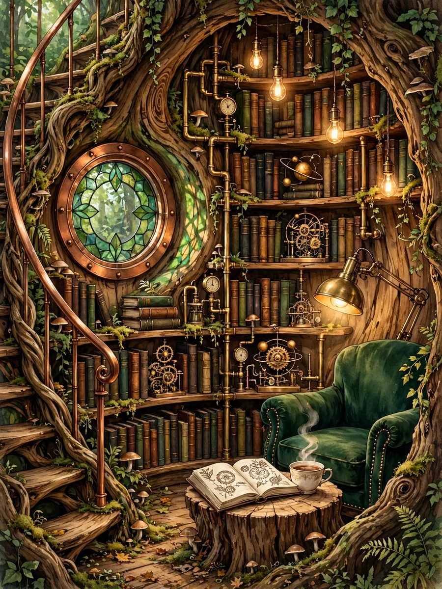 Steampunk Reading Nook Inside a Living Oak — ChatGPT Prompt