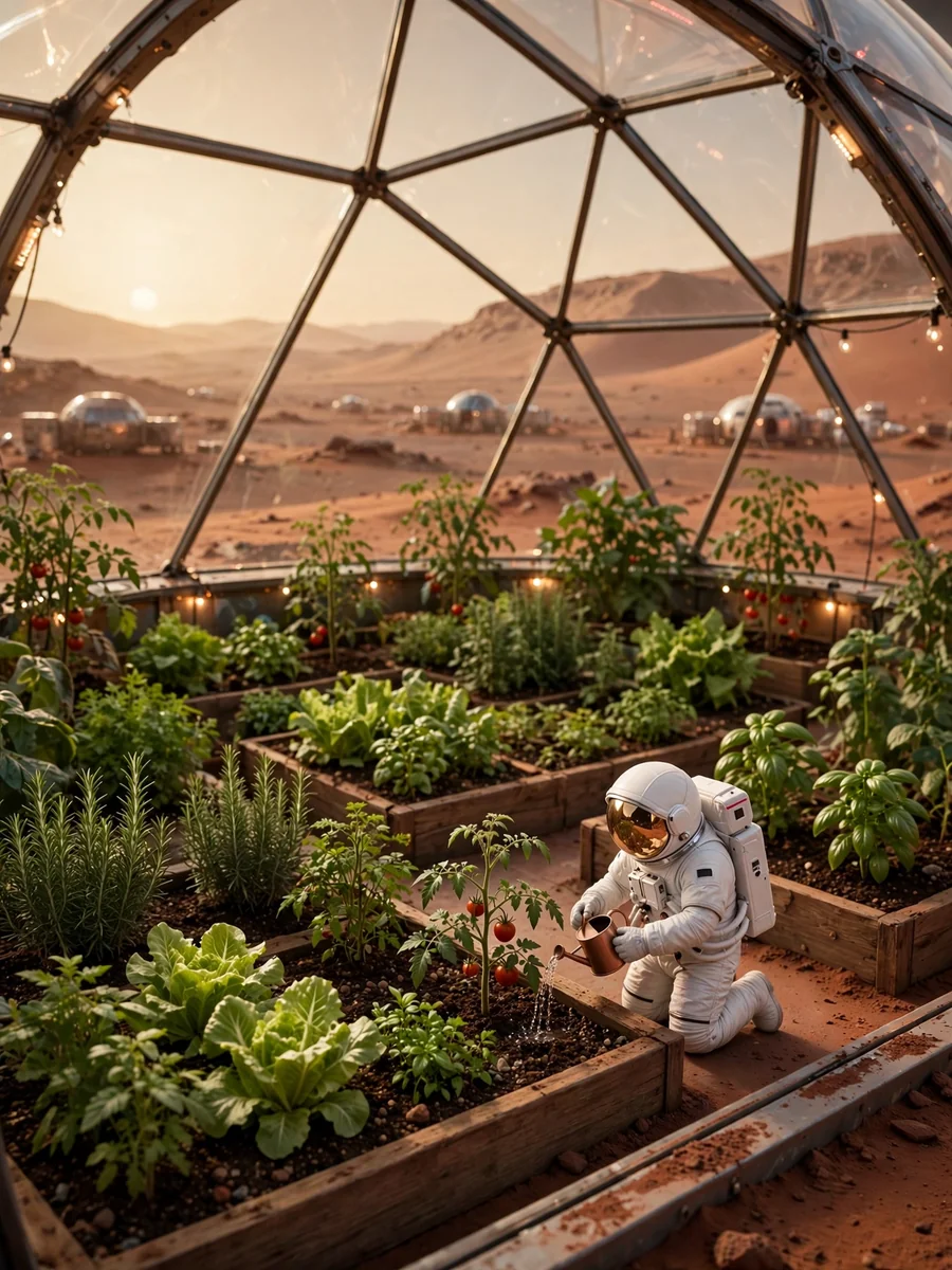 Tiny Astronaut Tending a Mars Rooftop Garden — ChatGPT Prompt
