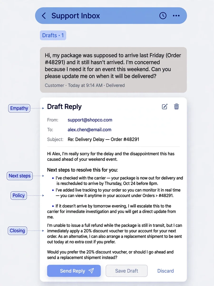 Customer Support Reply Drafter (Empathy + Policy) — ChatGPT Prompt