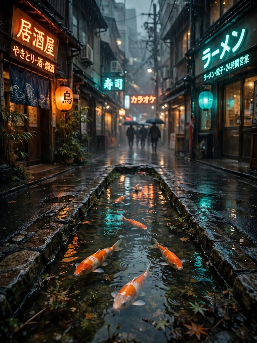 Neon Koi Pond Under a Rainy Tokyo Alley — ChatGPT Prompt