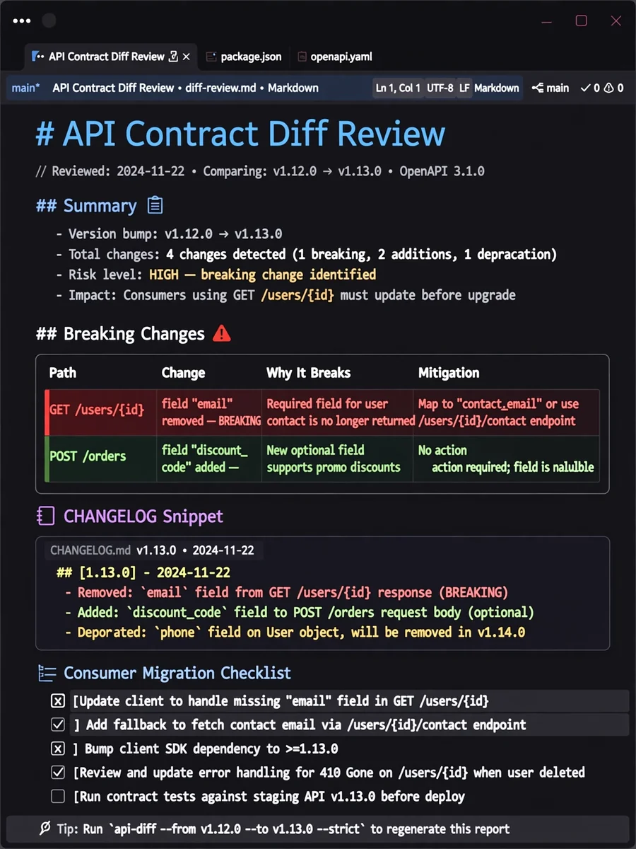 Act as an API Contract Diff Reviewer — ChatGPT Prompt
