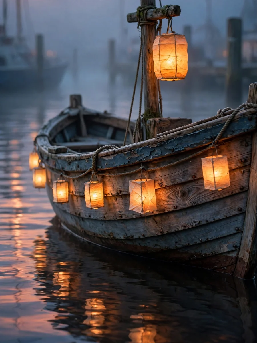Act as a Paper Lantern Harbor Close-Up Boat Detail — ChatGPT Prompt