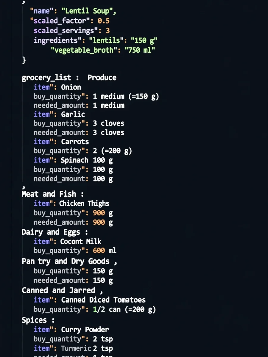 Recipe Scaler and Grocery List Builder (JSON) — ChatGPT Prompt