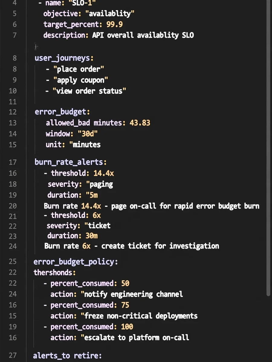 Act as a SLO and Error Budget Designer (YAML) — ChatGPT Prompt
