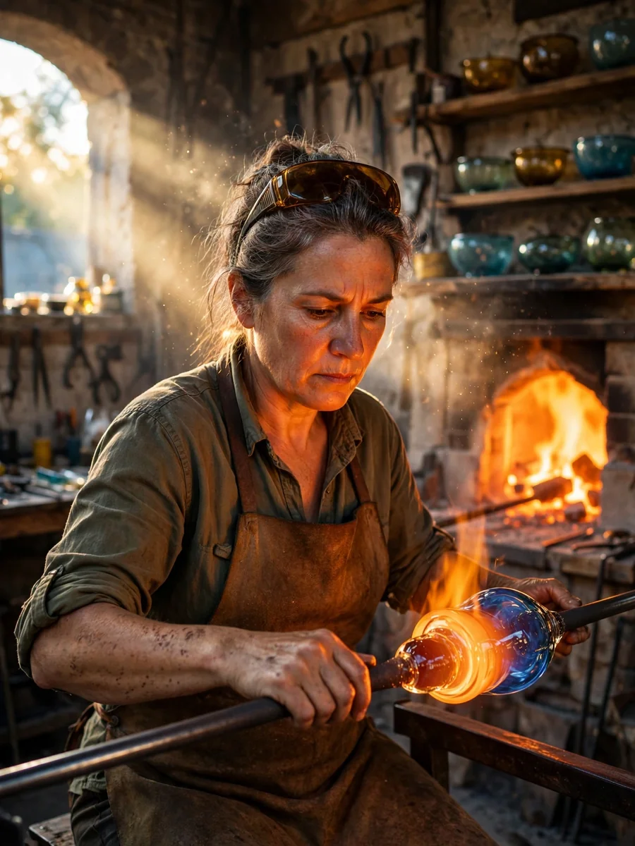 Glassblower Shaping a Cobalt Vase at Golden Hour — ChatGPT Prompt
