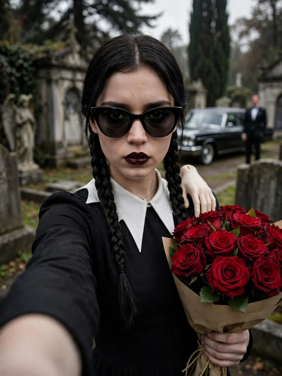 Act as a Wednesday-Inspired Gothic Cemetery Selfie — ChatGPT Prompt