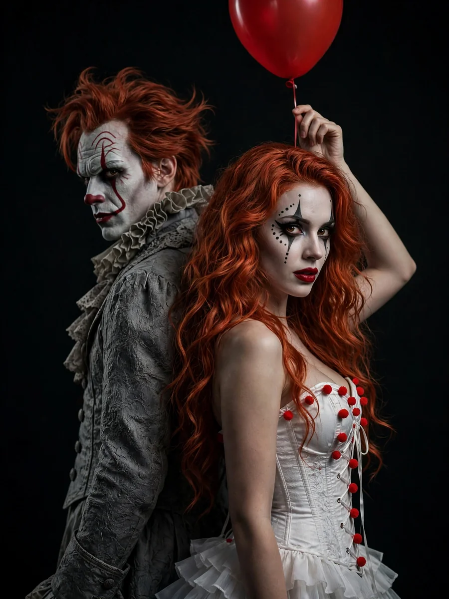 Act as an Ominous Clown Cosplay Duo Portrait — ChatGPT Prompt