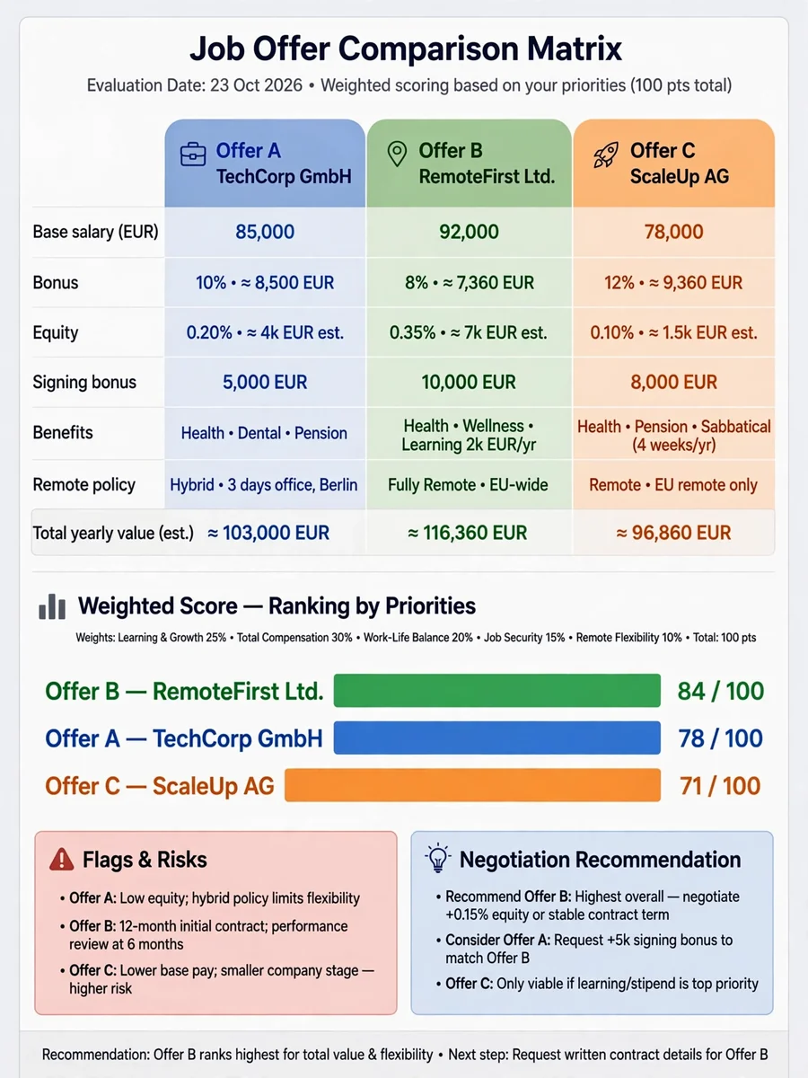 Act as a Job Offer Comparison Matrix (JSON) — ChatGPT Prompt