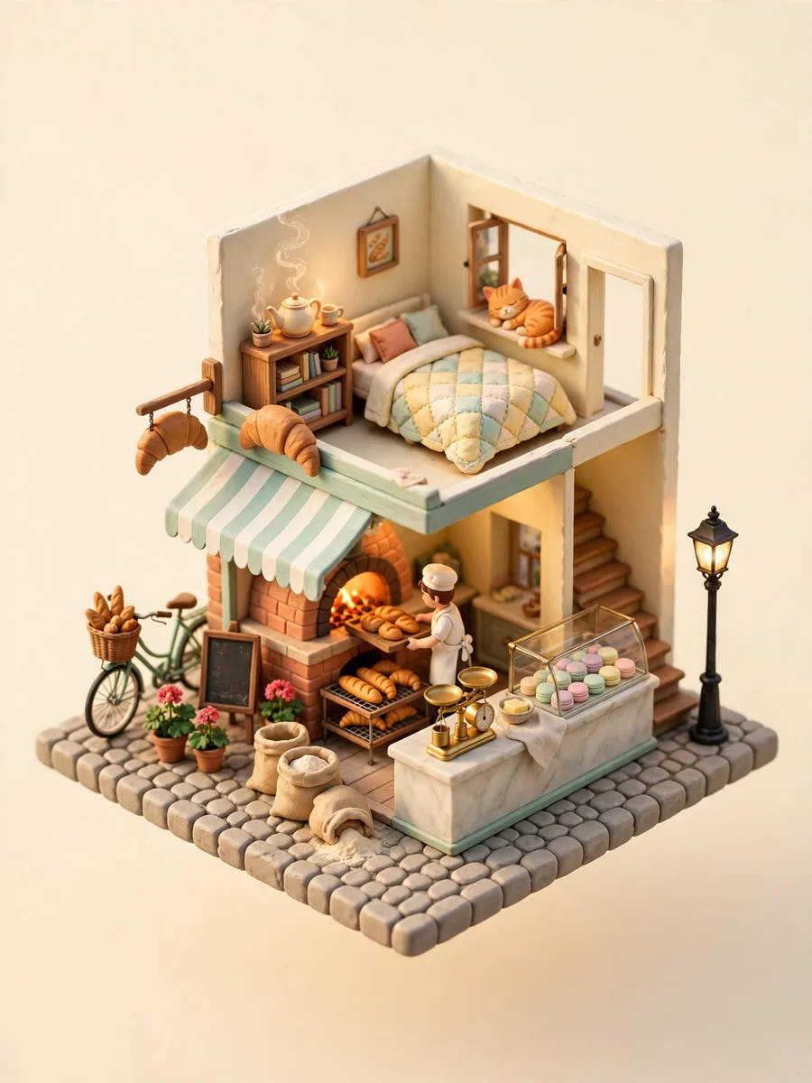 Isometric Cozy Corner Bakery at Dawn (3D Diorama) — ChatGPT Prompt