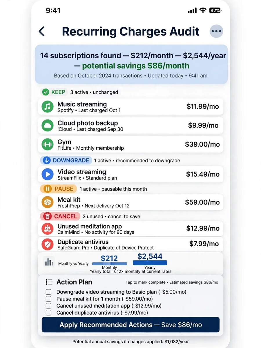 Act as a Subscription and Recurring Charges Audit (JSON) — ChatGPT Prompt