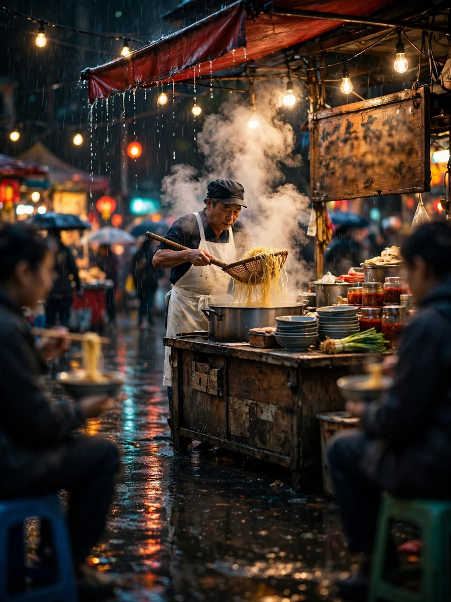 Rainy Night Market Noodle Stall (Street Photography) — ChatGPT Prompt