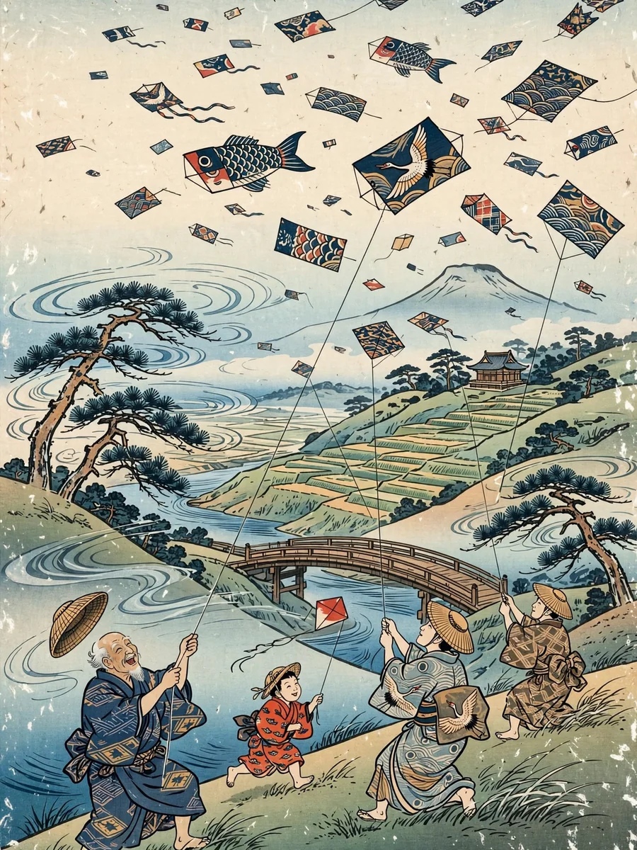 Ukiyo-e Woodblock Print of a Spring Kite Festival — ChatGPT Prompt