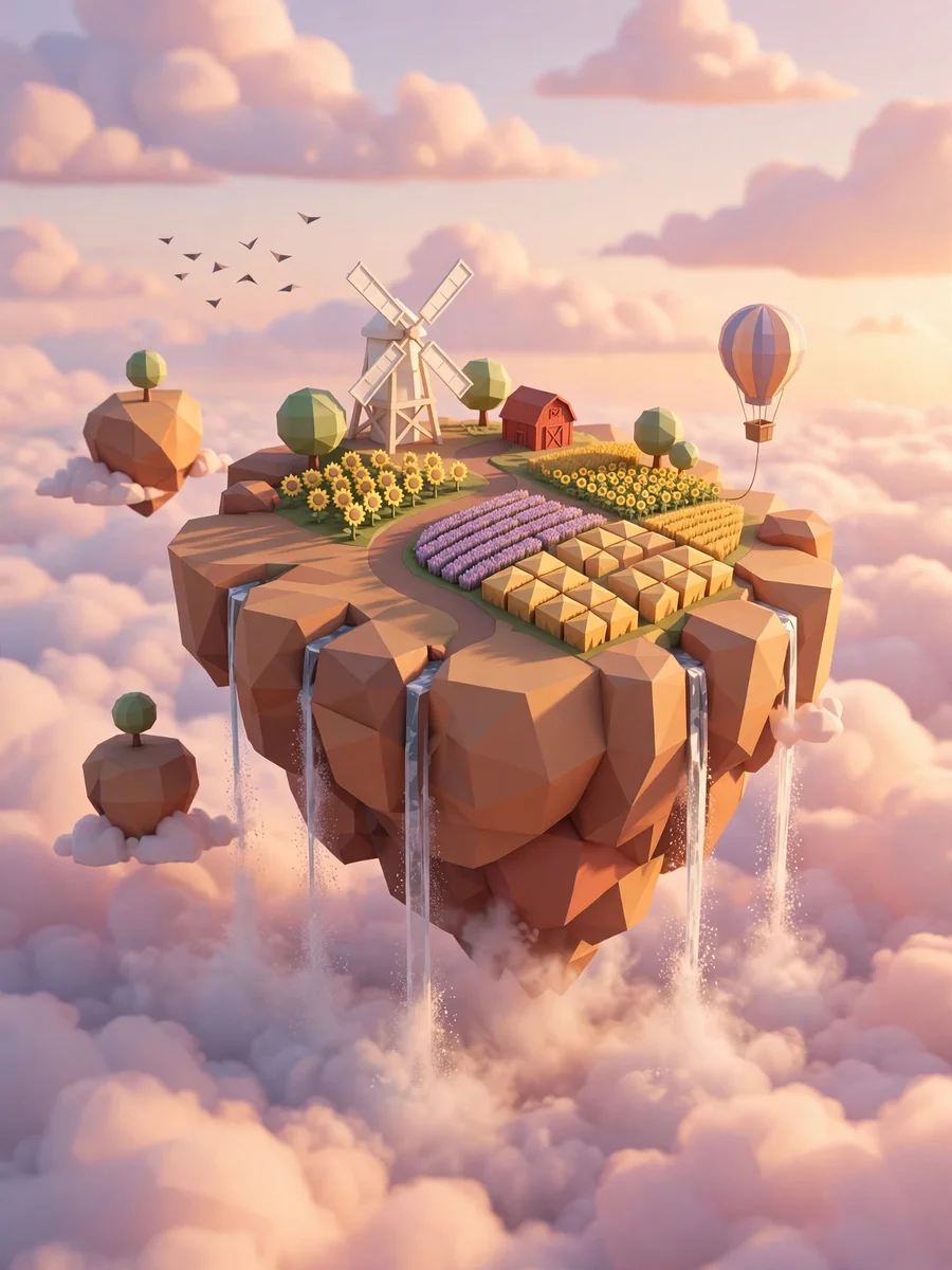Low-Poly Floating Island Windmill Farm (3D Render) — ChatGPT Prompt