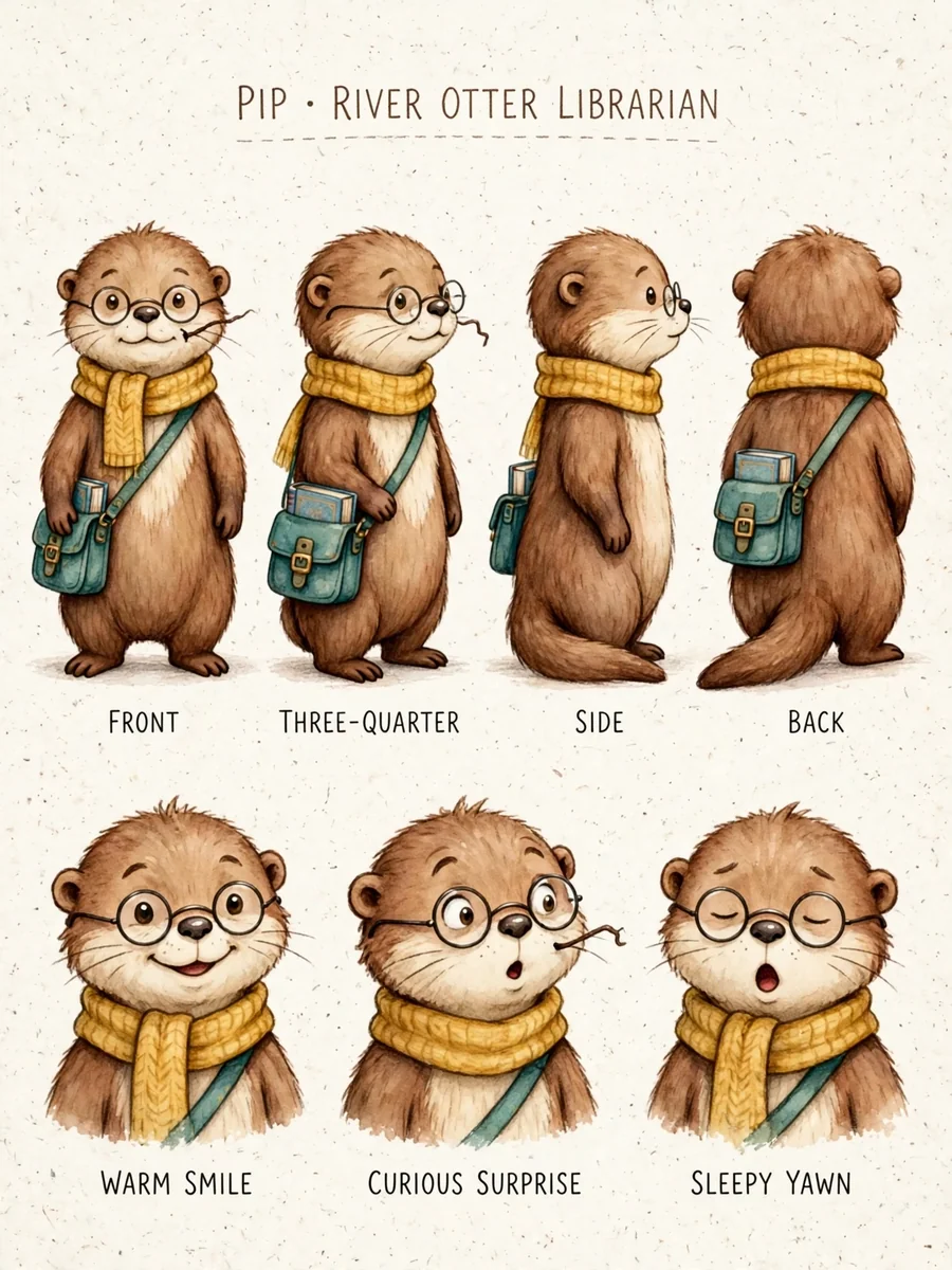 Pip the Otter Librarian Character Turnaround Sheet — ChatGPT Prompt